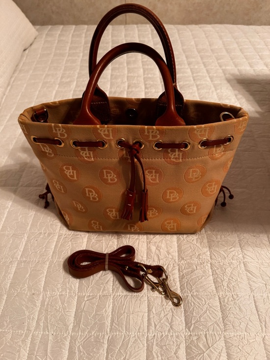 Dooney & Bourke Handbags - Dooney & Bourke Tan and Brown Logo Drawstring Tote with Removable Strap